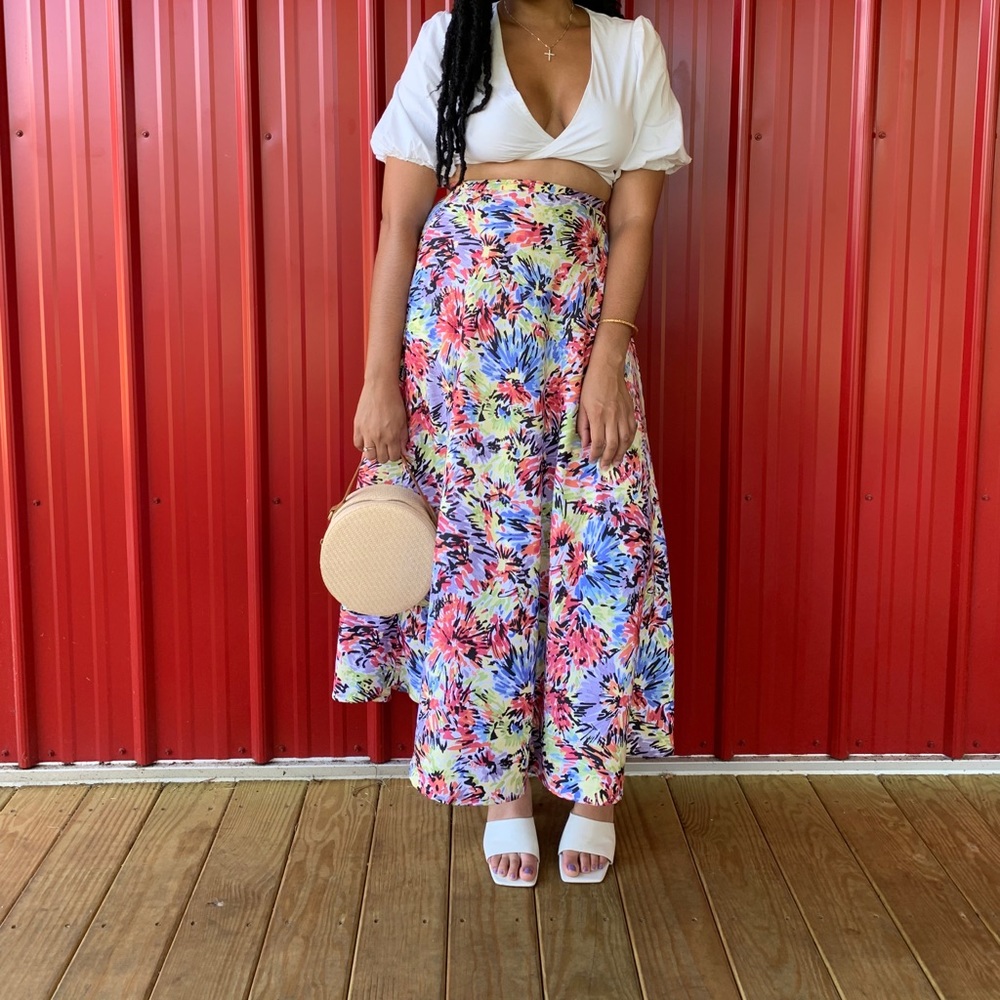Floral A-line Satin Skirt